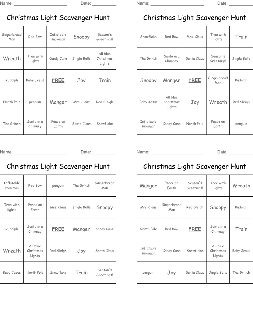 Christmas Light Scavenger Hunt Bingo Cards