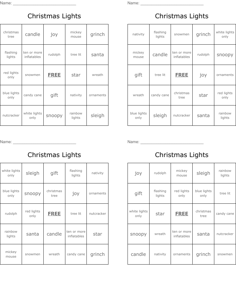 Christmas Lights Bingo Cards