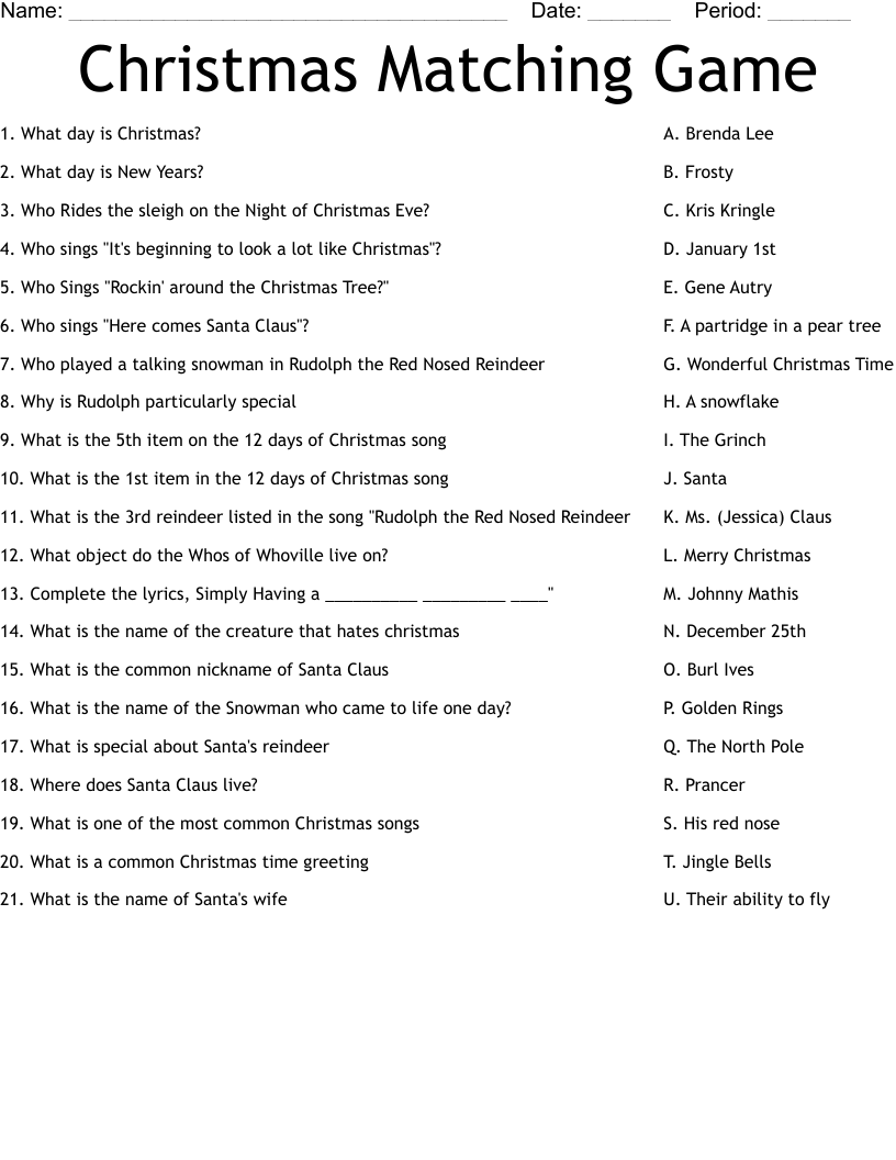 Christmas Matching Game Worksheet