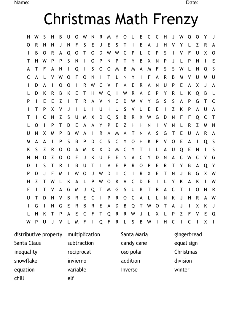 Christmas Math Frenzy Word Search