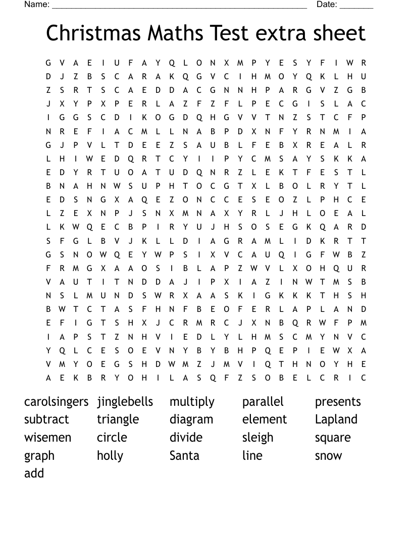 Christmas Maths Test extra sheet  Word Search