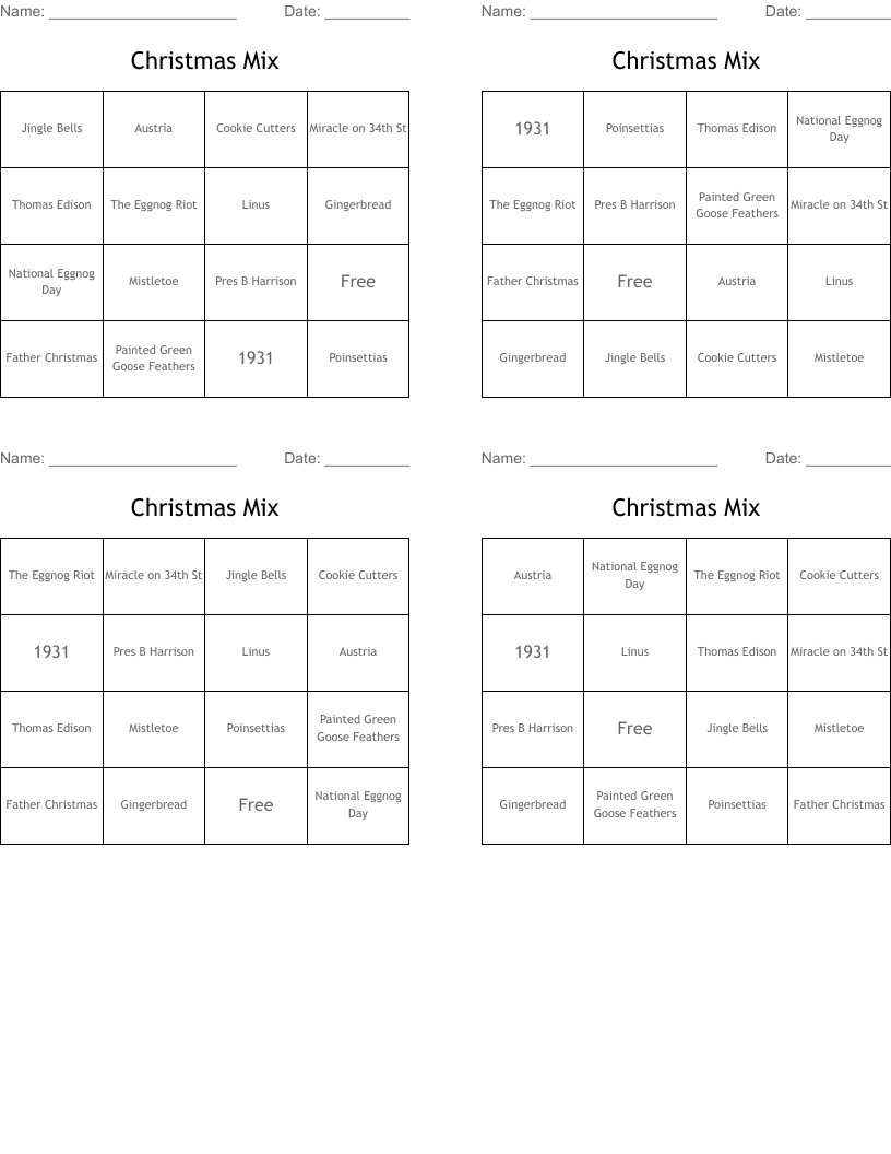Christmas Mix Bingo Cards