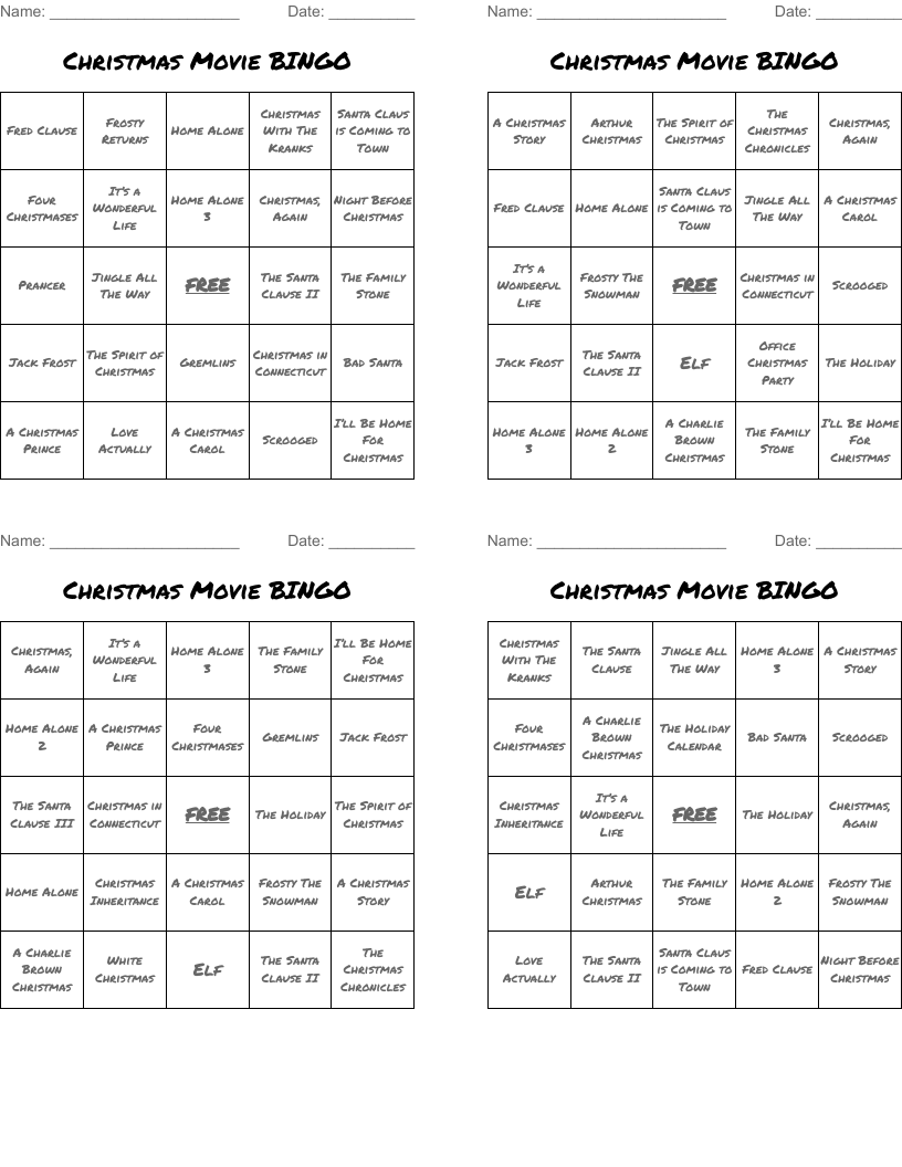 Christmas Movie BINGO