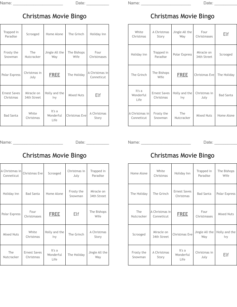 Christmas Movie Bingo