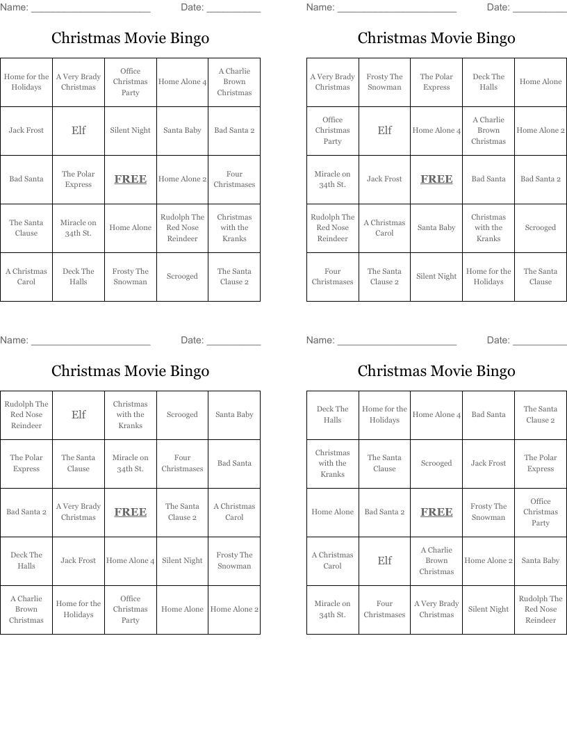 Christmas Movie Bingo