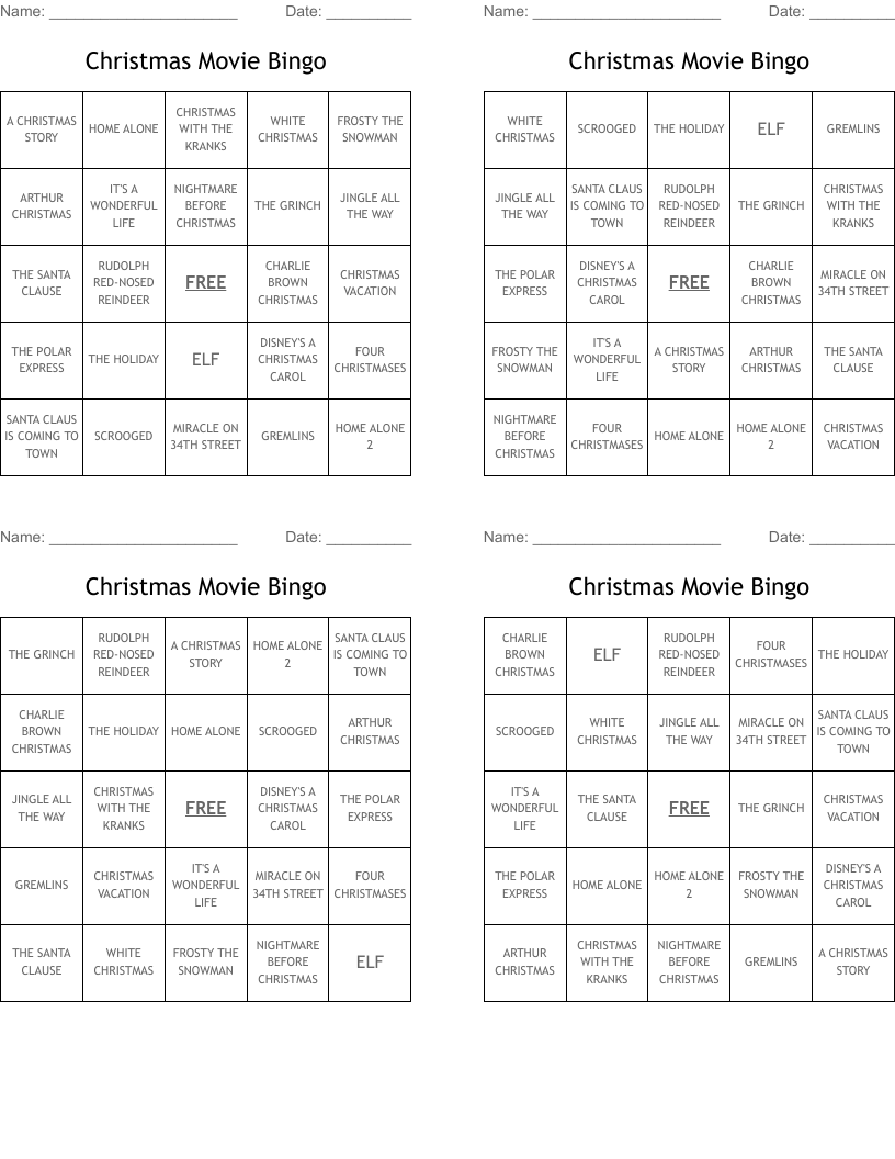 Christmas Movie Bingo