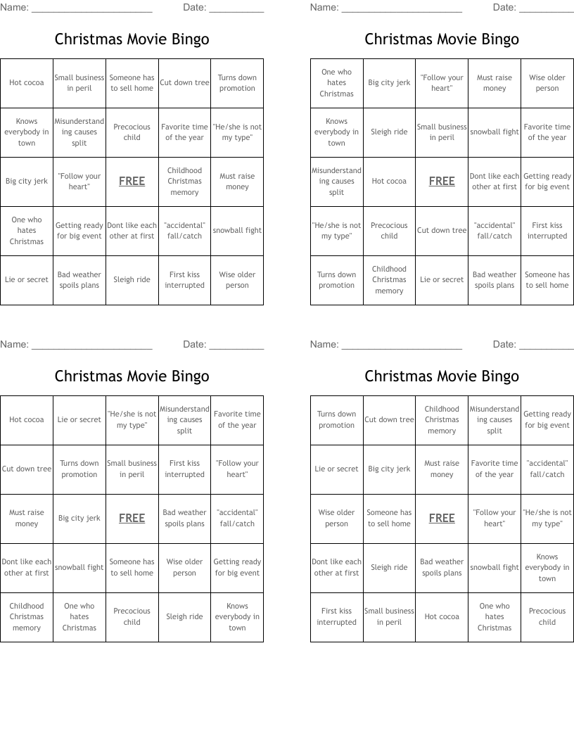 Christmas Movie Bingo