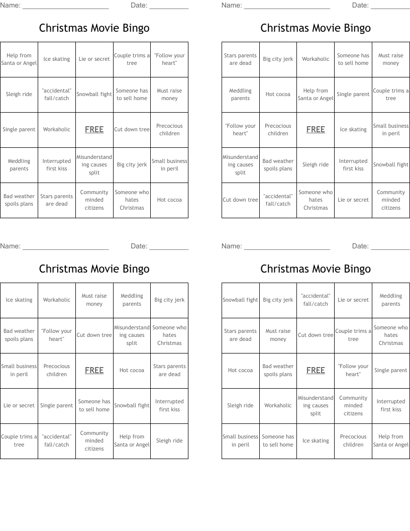 Christmas Movie Bingo