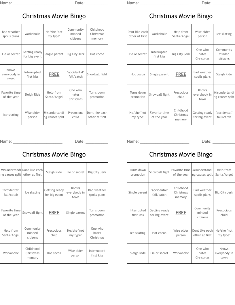 Christmas Movie Bingo
