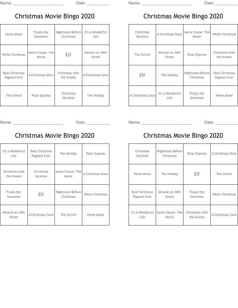 Christmas Movie Bingo 2020