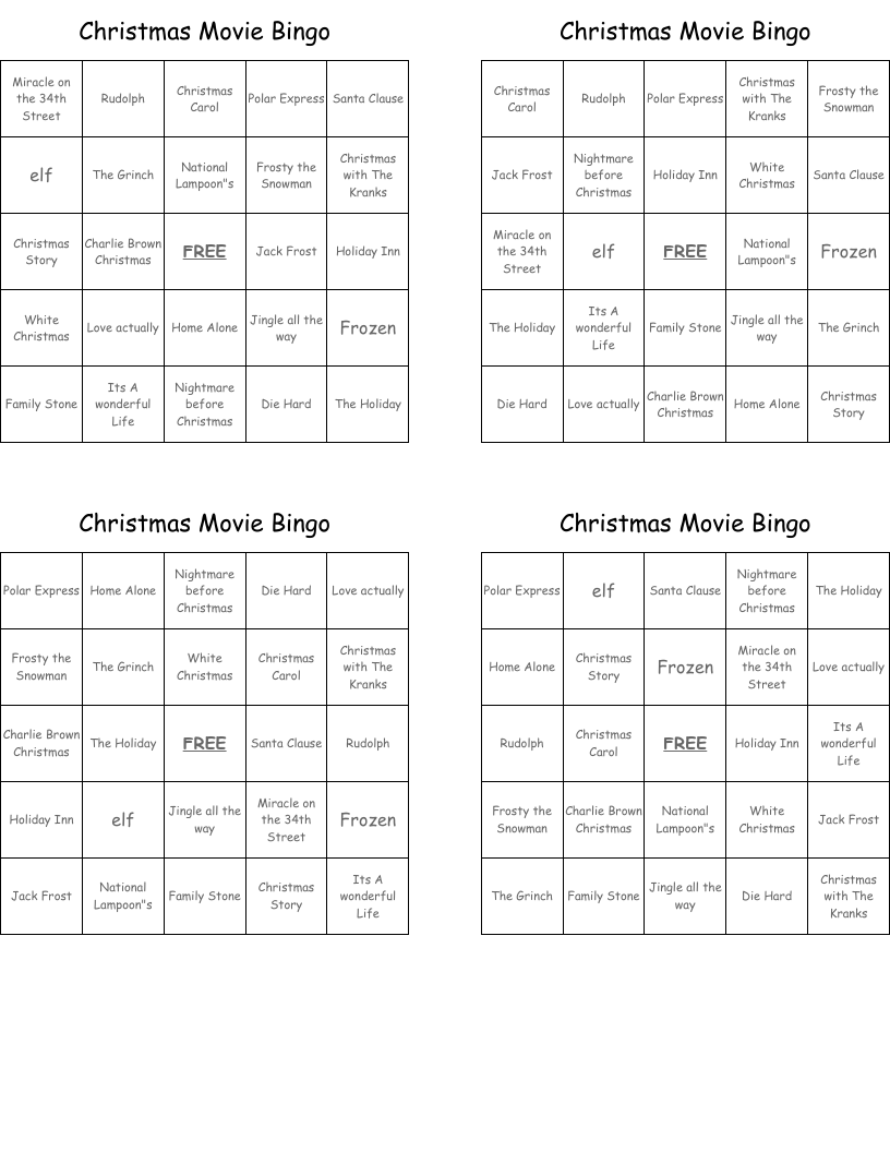 Christmas Movie Bingo