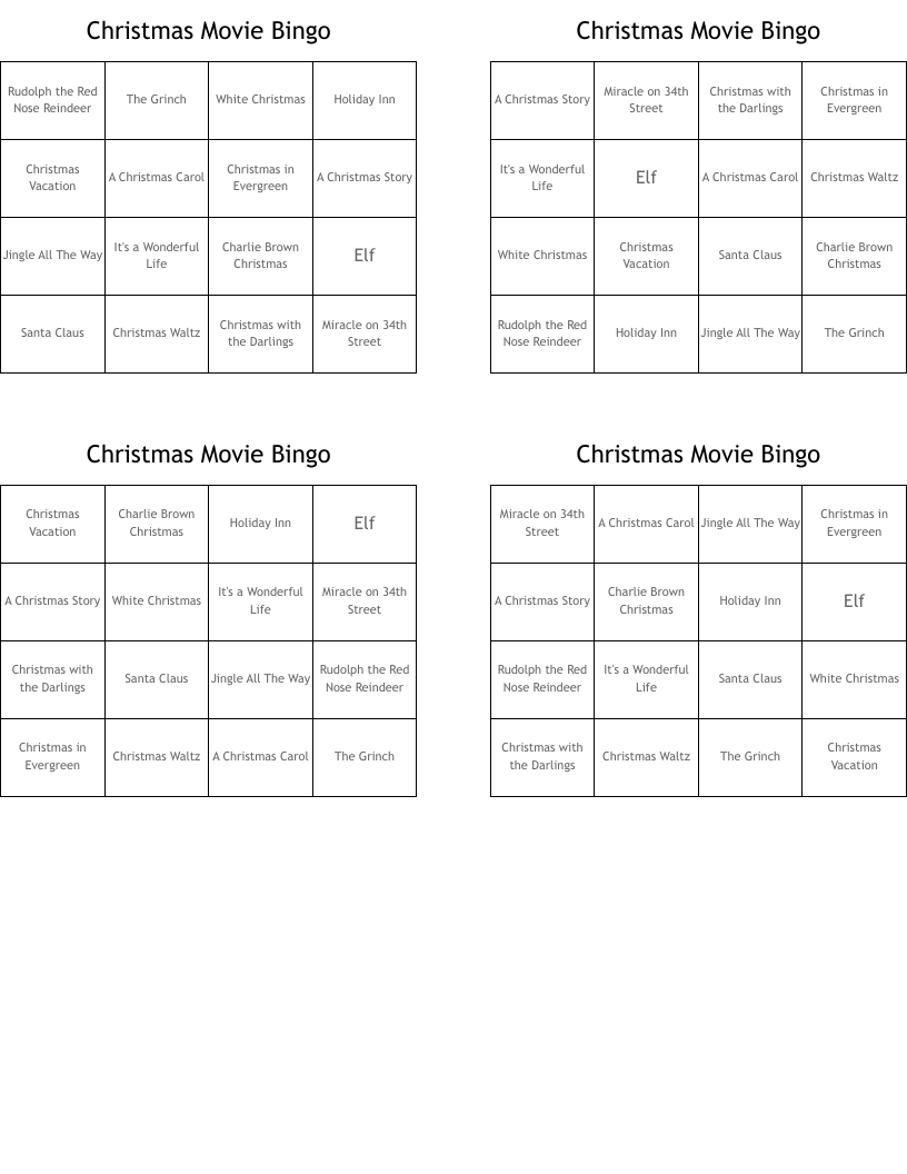 Christmas Movie Bingo