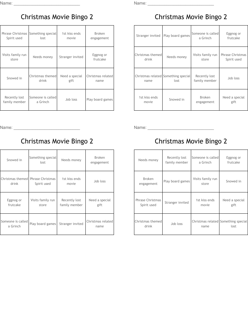 Christmas Movie Bingo 2