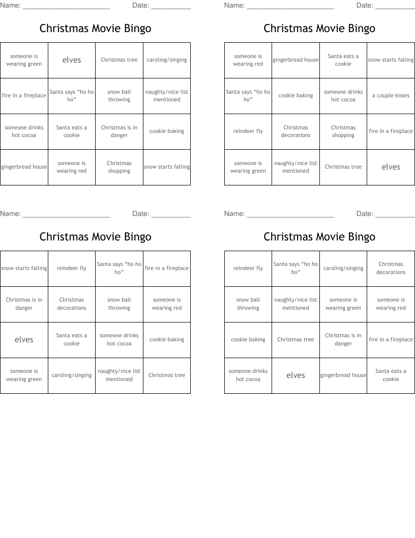 Christmas Movie Bingo