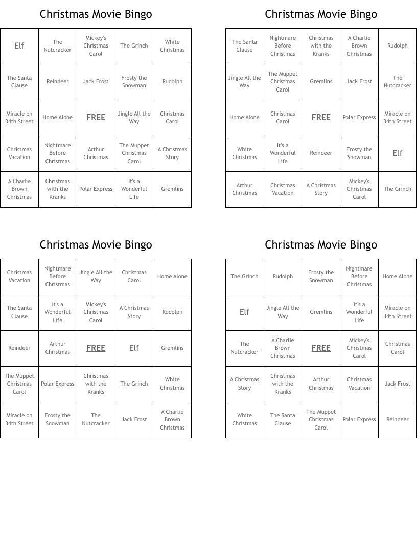 Christmas Movie Bingo