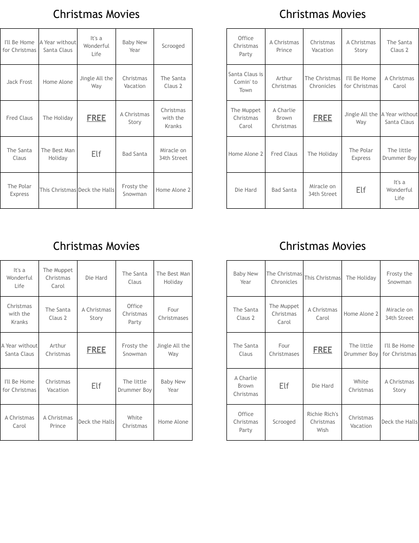 Christmas Movies Bingo Cards
