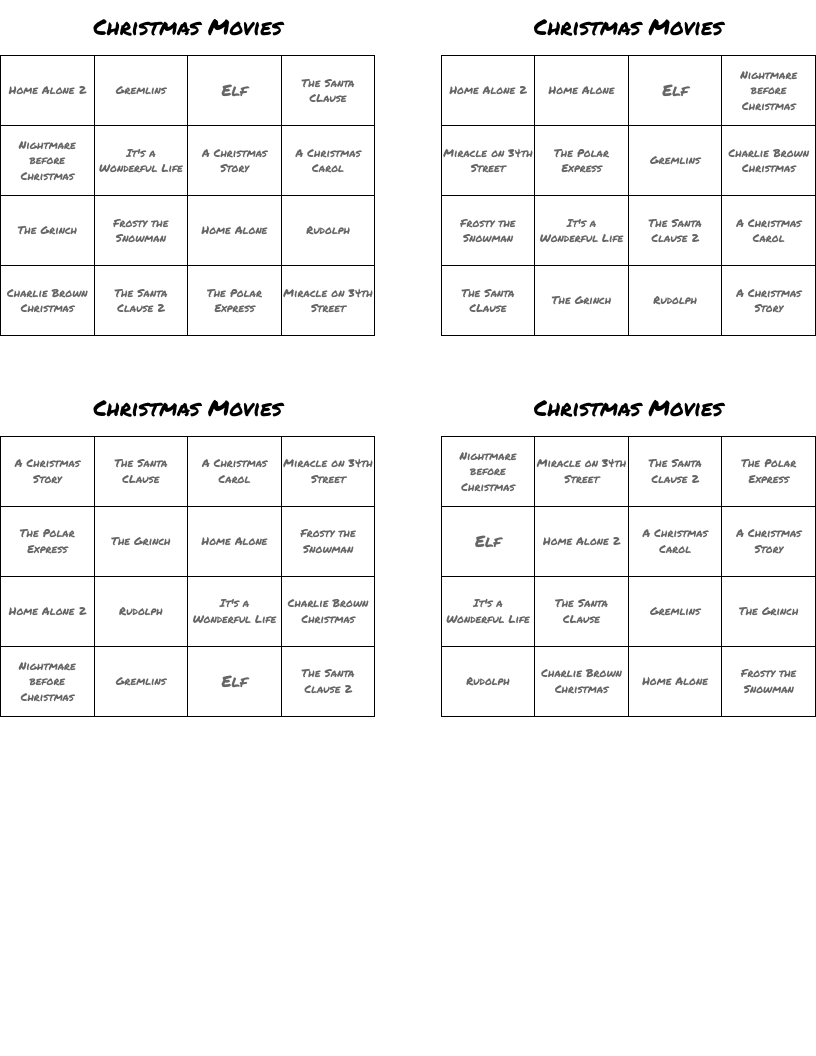 Christmas Movies Bingo Cards