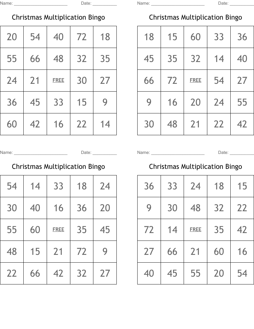 Christmas Multiplication Bingo