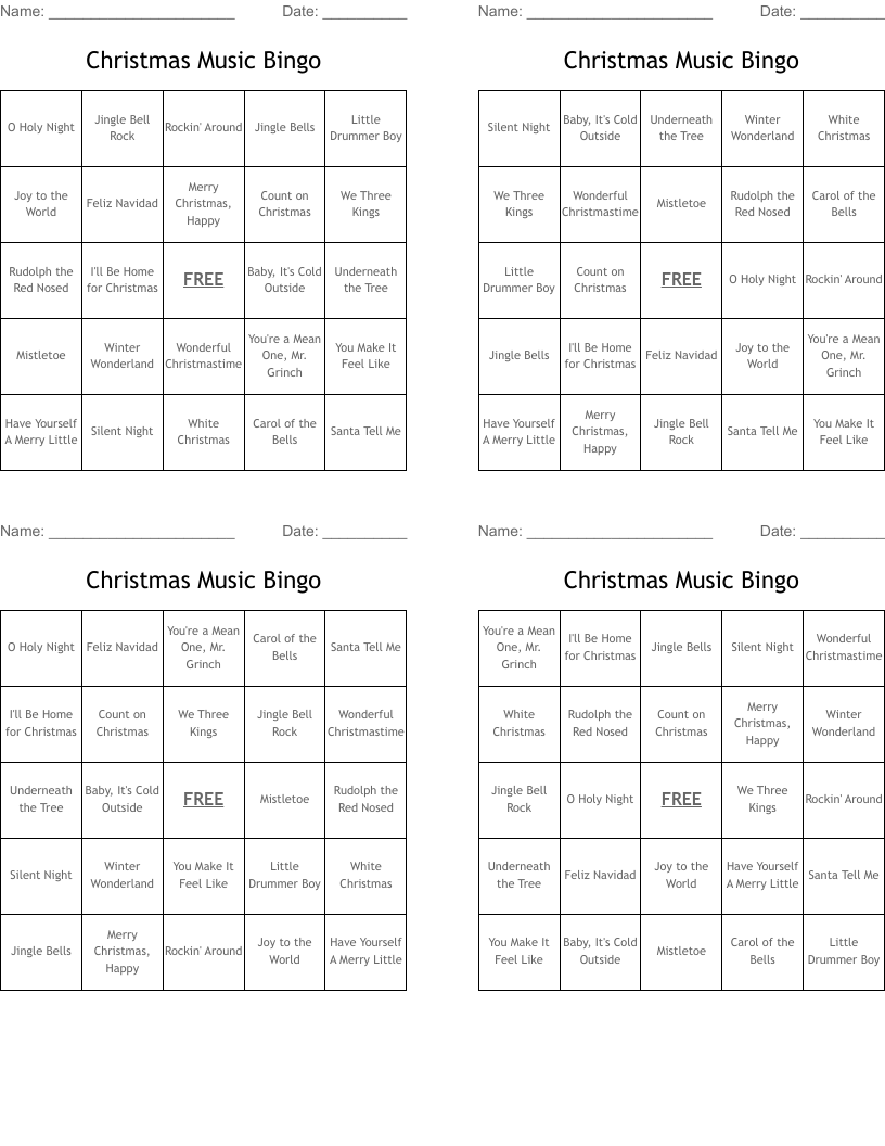 Christmas Music Bingo