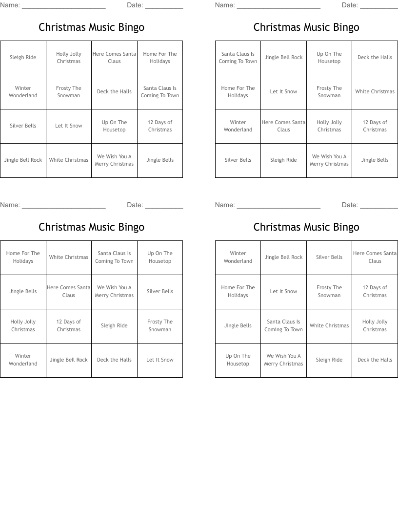 Christmas Music Bingo