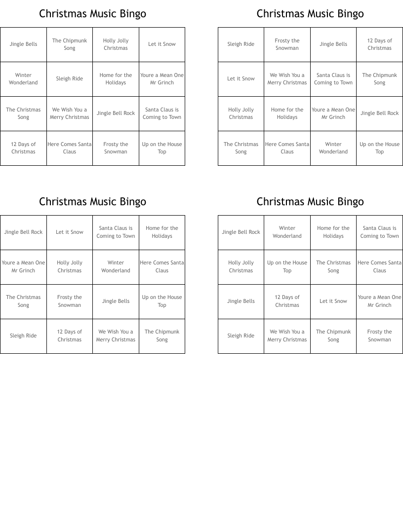 Christmas Music Bingo