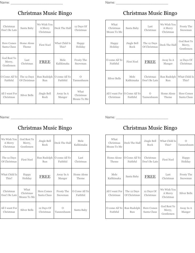 Christmas Music Bingo