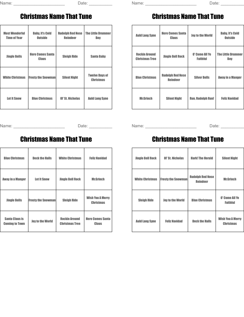 Christmas Name That Tune  Bingo Cards