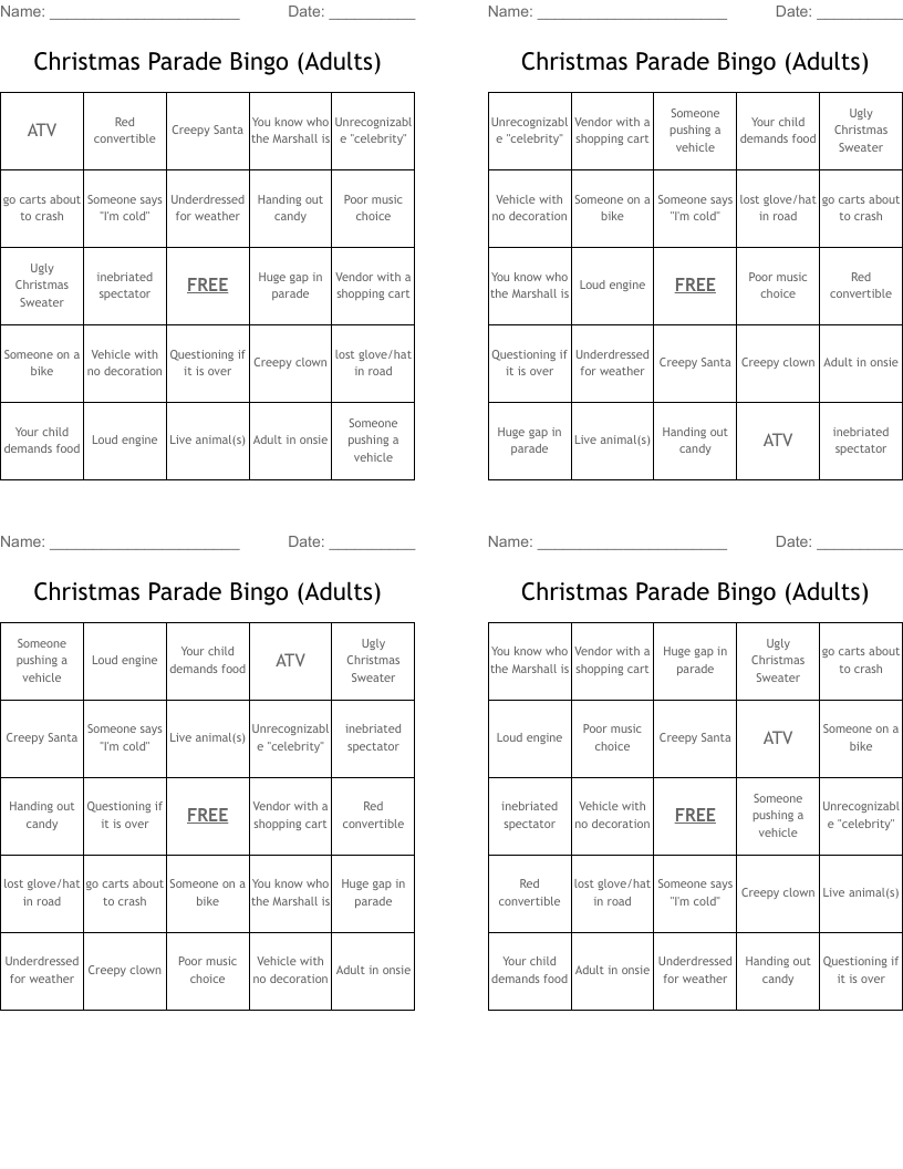 Christmas Parade Bingo (Adults)