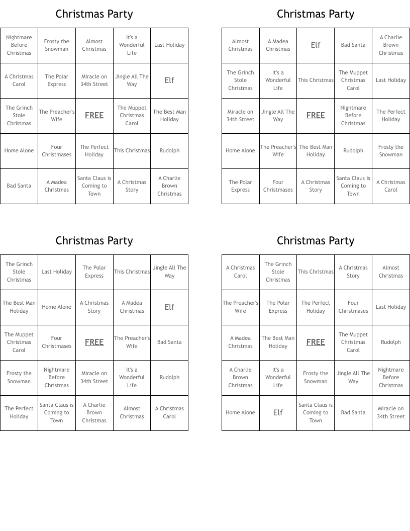 Christmas Party Bingo Cards