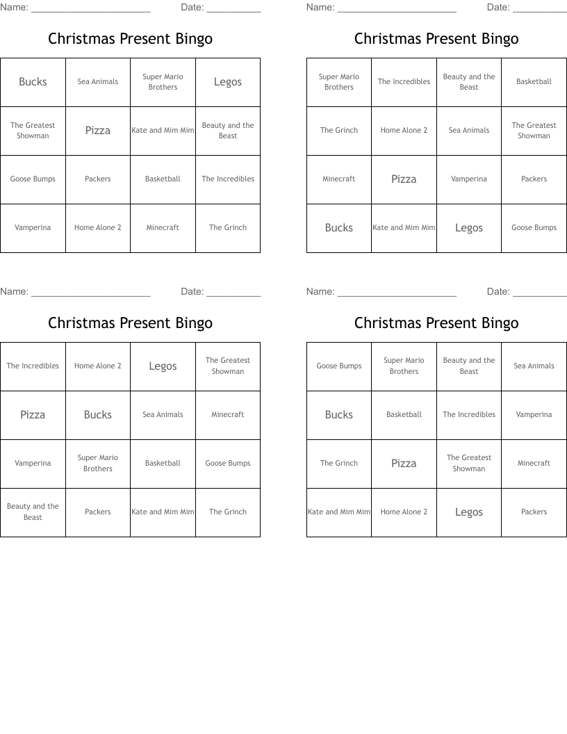 Christmas Present Bingo