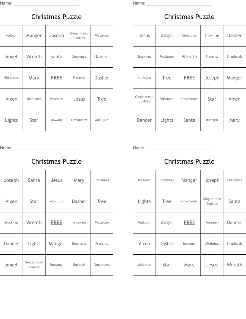 Christmas Puzzle Bingo Cards