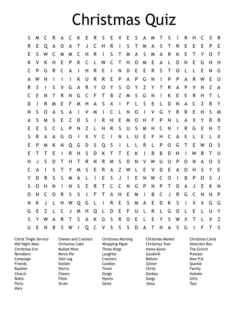 Christmas Quiz Word Search