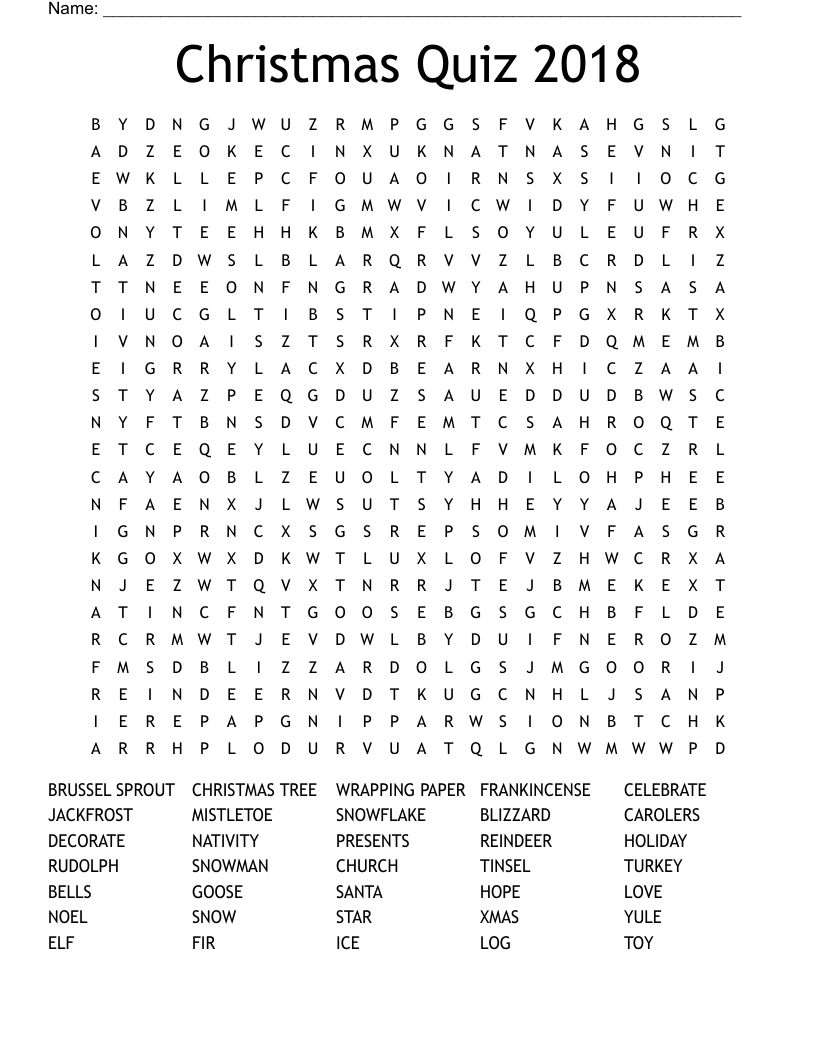 Christmas Quiz 2018 Word Search