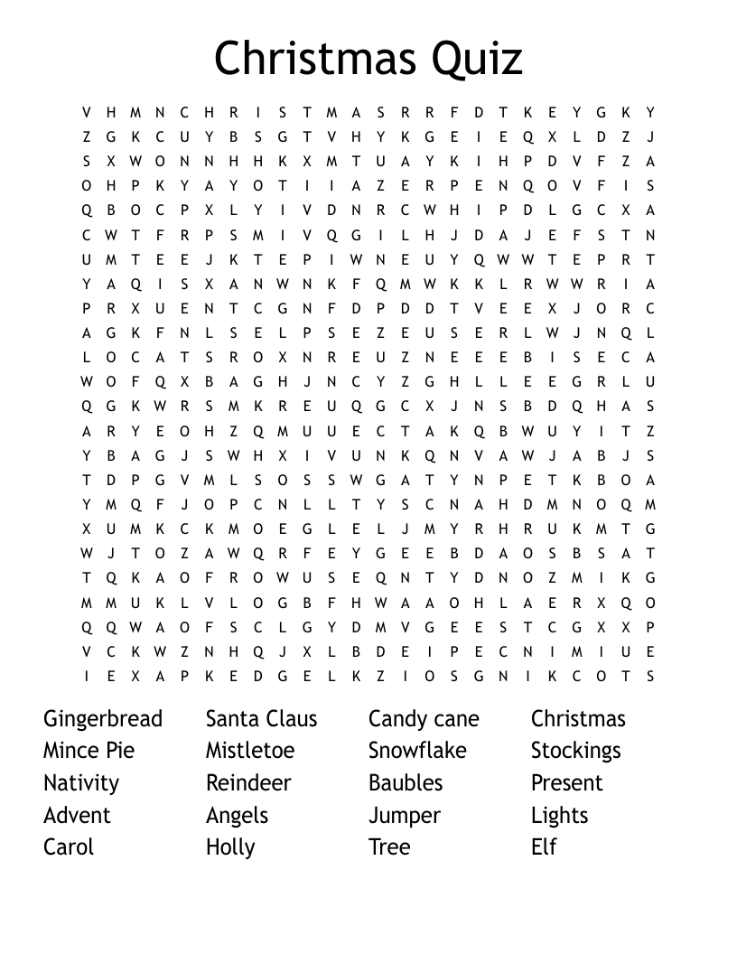 Christmas Quiz Word Search