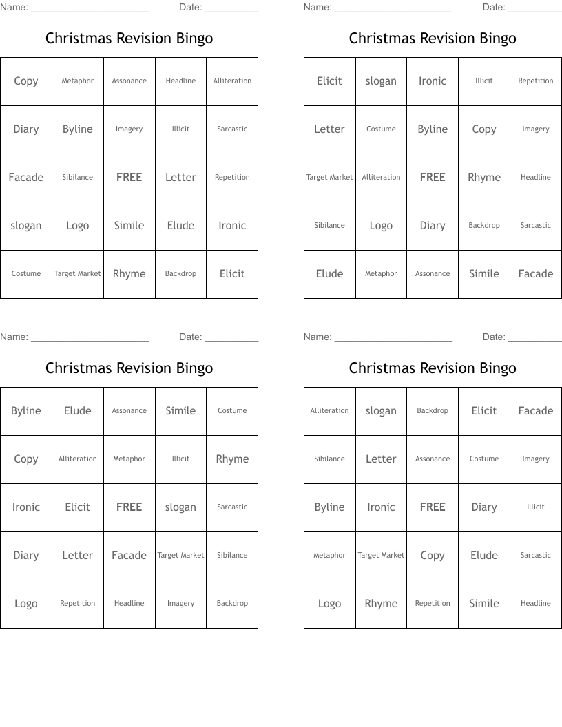 Christmas Revision Bingo