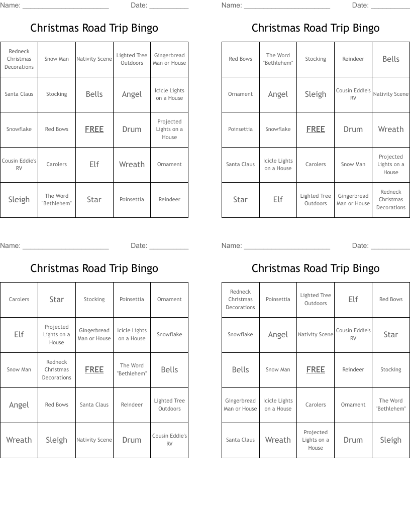 Christmas Road Trip Bingo