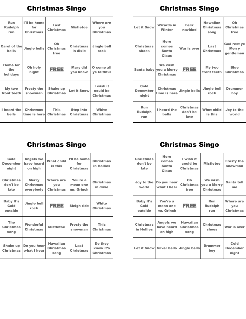 Christmas Singo Bingo Cards