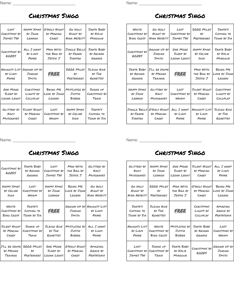 Christmas Singo Bingo Cards