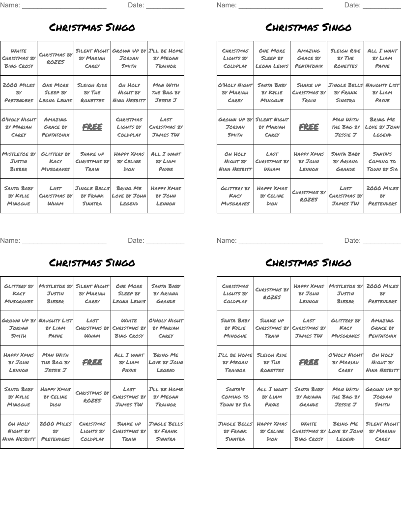 Christmas Singo Bingo Cards