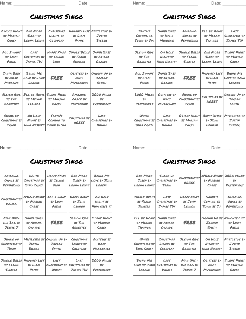 Christmas Singo Bingo Cards