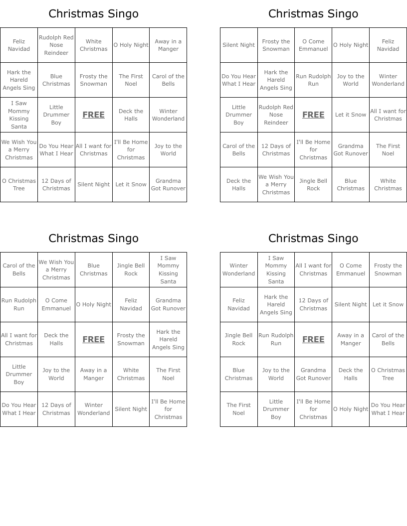 Christmas Singo Bingo Cards
