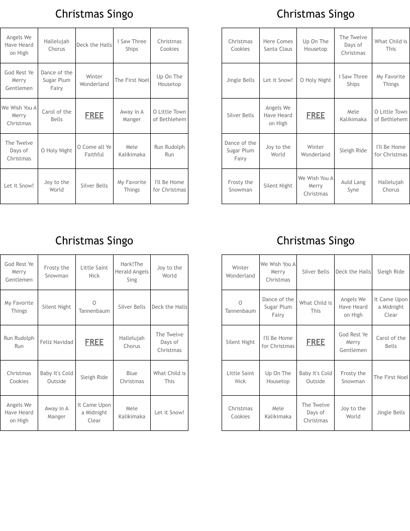Christmas Singo Bingo Cards