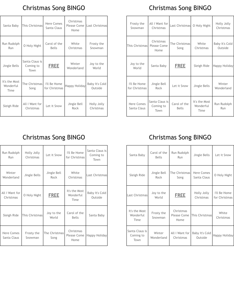 Christmas Song BINGO