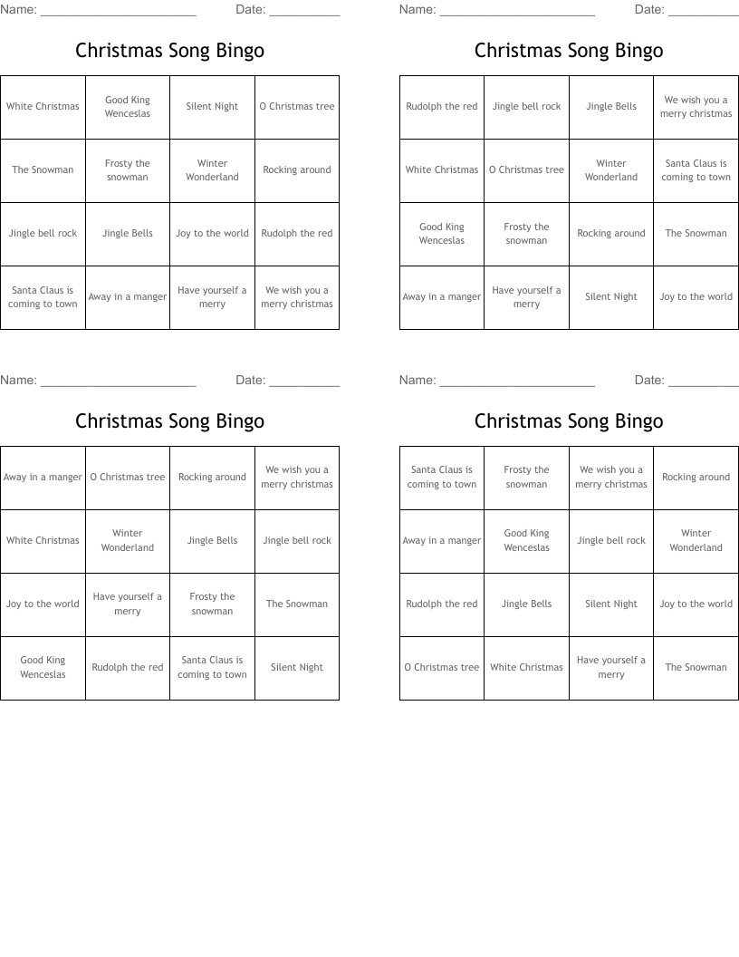 Christmas Song Bingo