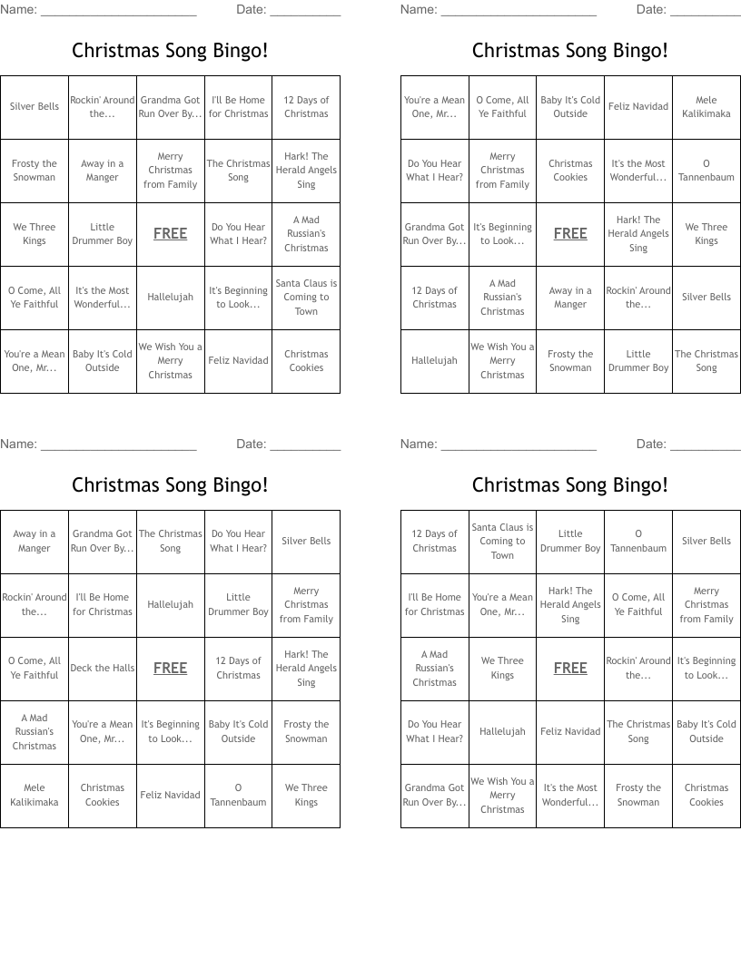 Christmas Song Bingo!
