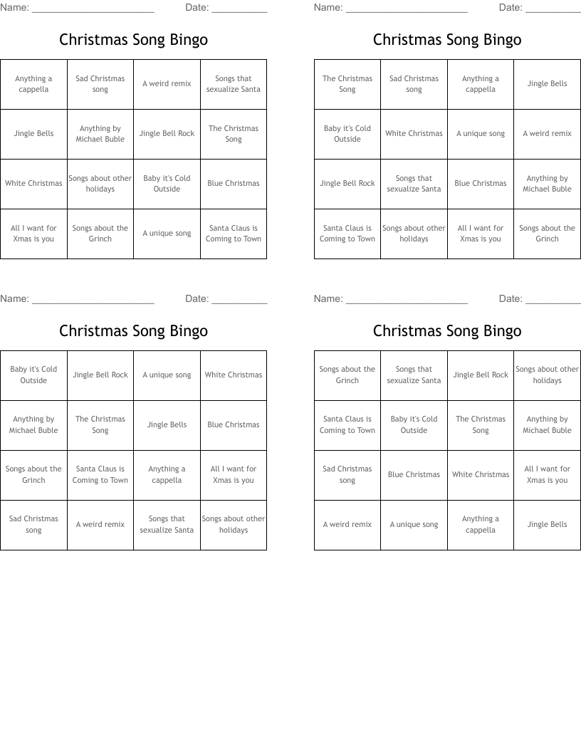 Christmas Song Bingo