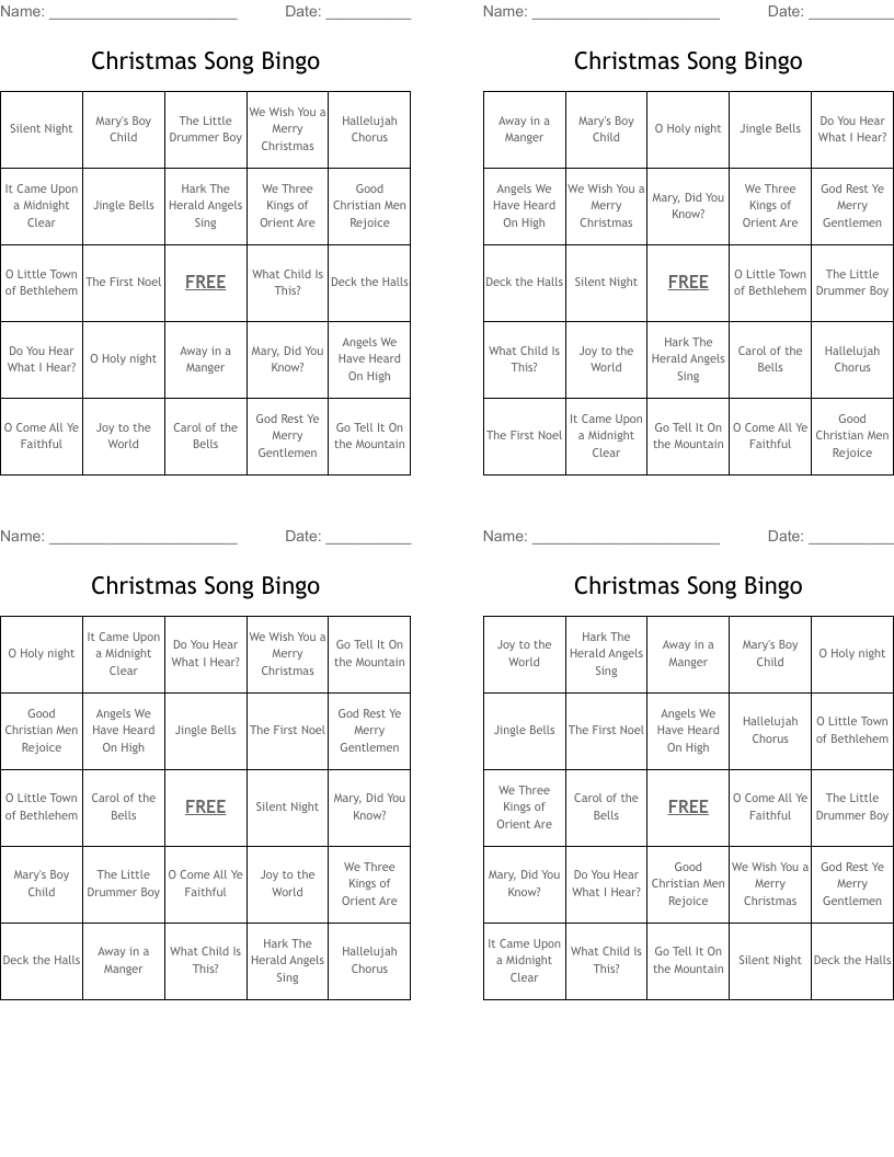 Christmas Song Bingo