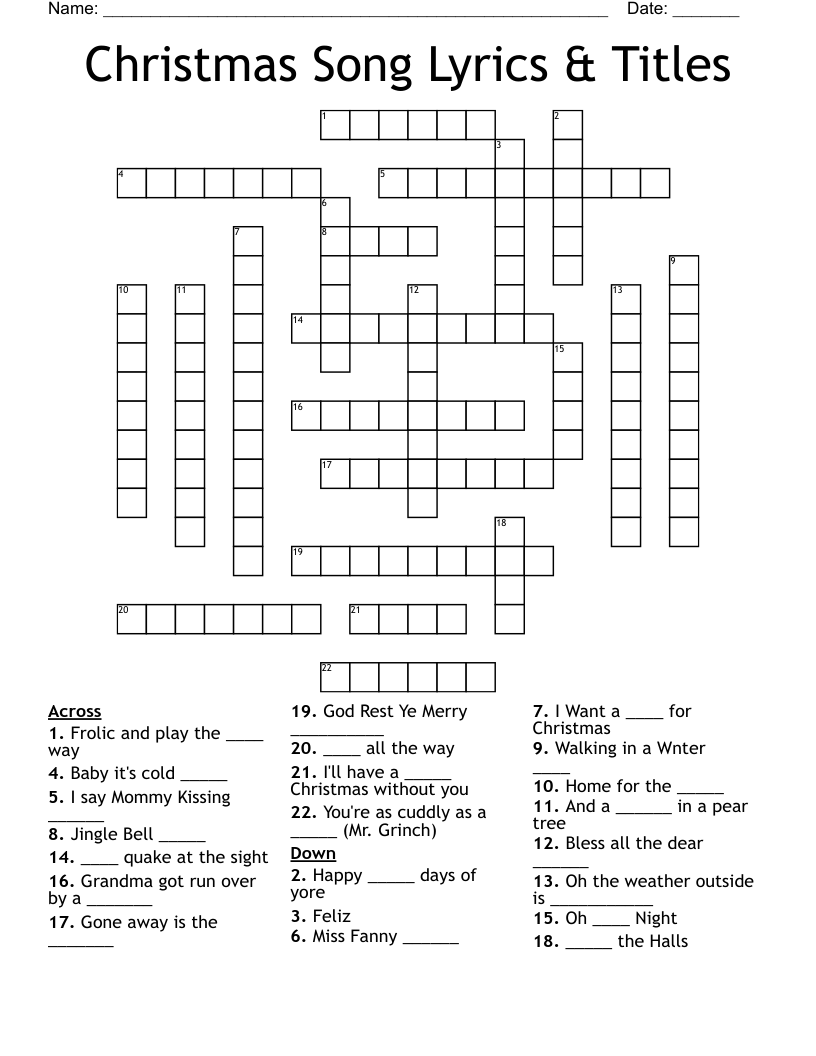 Christmas Song Lyrics & Titles Crossword