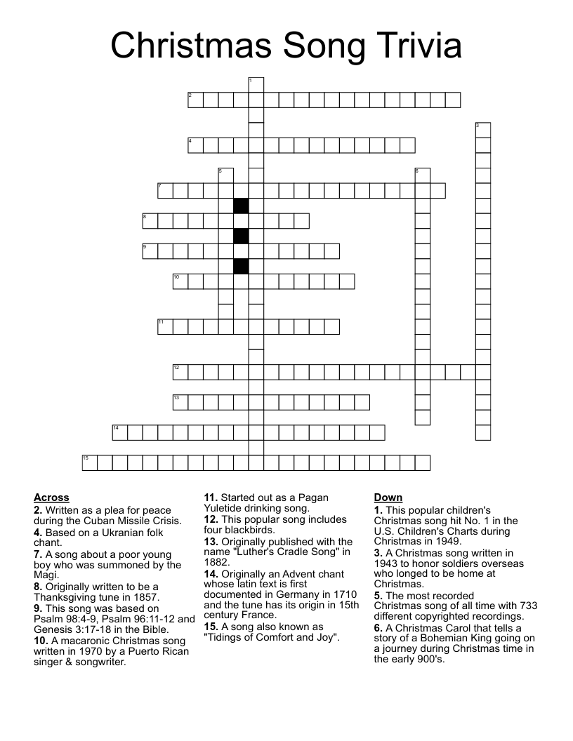 Christmas Song Trivia Crossword