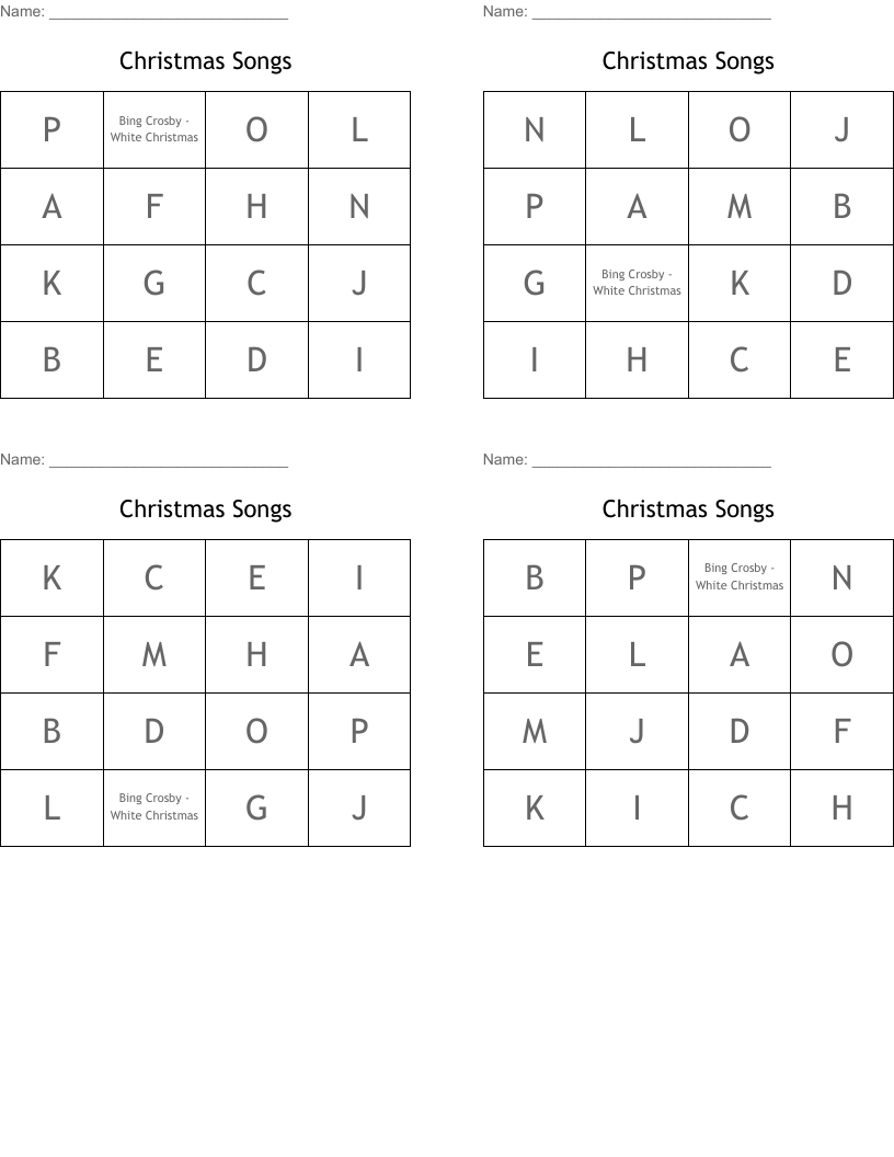 Christmas Songs Bingo Cards